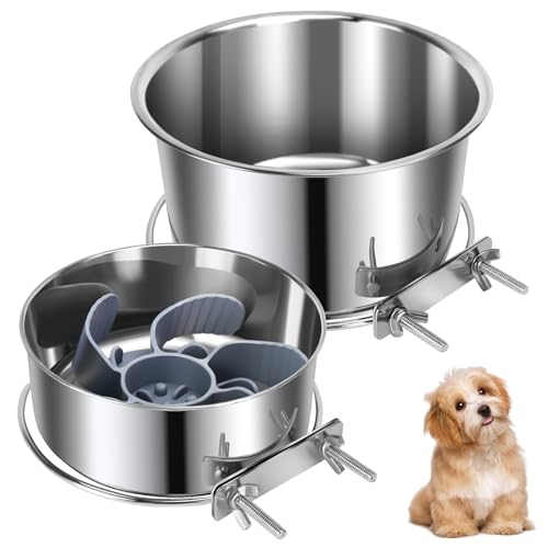 2 Pcs Large Pet Dog Food Water Bowl with Slow Feeder Insert for Cage, Crate Stainless Steel Non-Spill Kennel Hanging Cat Bowls with Clamp Holder for Medium Large Dogs (7.1x3.5'' & 6.3x2.6'') - color: Silver, size: L (84 & 44 OZ)