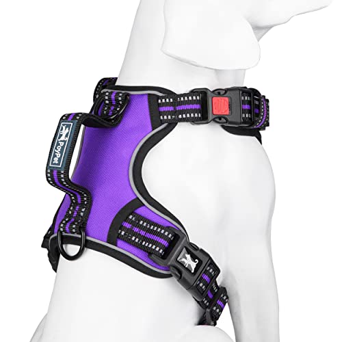 PoyPet No Pull Dog Harness, No Choke Front Clip Reflective Dog Vest with Soft Padded Vertical Handle, 3 Leash Attachments for Small Medium Large Dogs (Purple,XL) - color: Purple, size: Extra Large