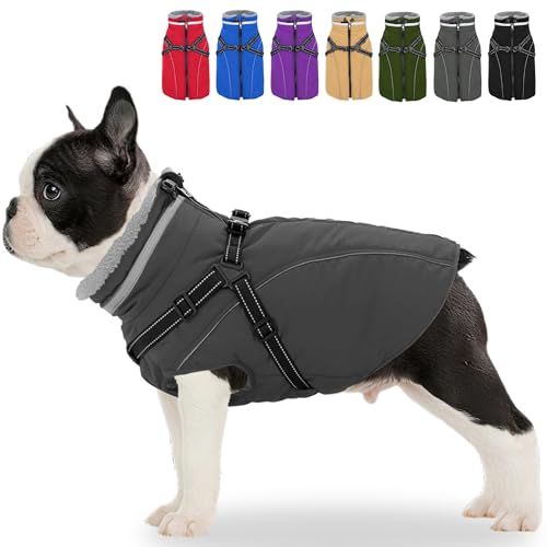 Fragralley Dog Coat with Harness Built in, Waterproof Windproof Reflective Warm Puffer Jacket, Fleece Lined Vest Winter Parka for Small, Medium, Large Dogs - color: Grey, size: Small