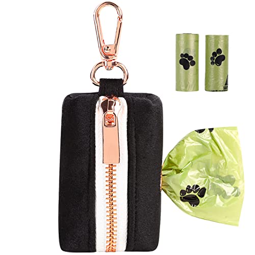 ARING PET Dog Waste Bag Dispenser, Soft Black Doggy Poop Bags Holders Attach to Any Leashes, Velvet Portable Washable Pet Waste Pouch Dispenser with Metal Zipper - color: A:black