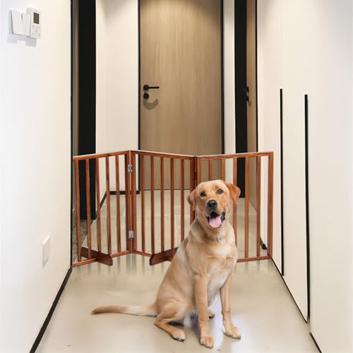 Dog Gates for Doorways,24" Freestanding Pet Gate 4-Panel Wooden Dog Fence with 2 Support Feet Foldable Pet Gate No Assembly Required Pet Fence Indoor for Stairsways Hallways Entrance Brown