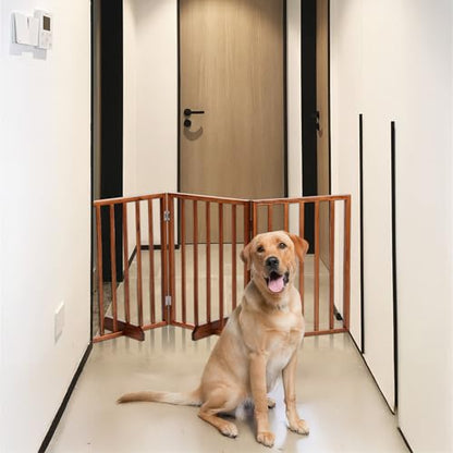 Dog Gates for Doorways,24" Freestanding Pet Gate 4-Panel Wooden Dog Fence with 2 Support Feet Foldable Pet Gate No Assembly Required Pet Fence Indoor for Stairsways Hallways Entrance Brown