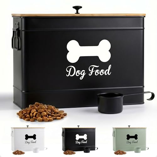 Dog Food Container Airtight Bamboo Lid 15-20 lb Sturdy Metal Handle 70 Cups | Pet Jar For Dogs up to 100lbs, Airtight Bamboo Lid, Sturdy Comfortable Metal Handle, Powder Coated Iron, Kibble Storage Bin - color: Black