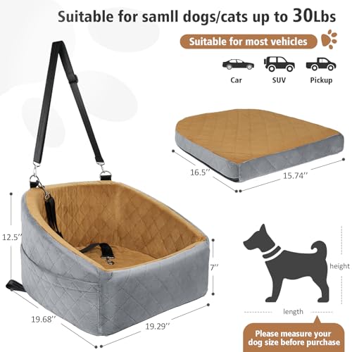 NEEZUKAR Dog Car Seat for Small Medium Dogs,Detachable Washable Dog Booster Seat Under 30lbs, Pet Car Seat Travel Bed with Storage Pockets and Dog Safety Belt(Grey/Brown) - color: Grey/brown