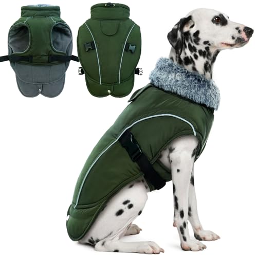 DENTRUN Warm Dog Winter Coat, Easy On Reflective Turtleneck Fleece Jacket | Adjustable buckle, easy on off, windproof & water-repellent, thick fleece snowsuit, outfit fits small to large breeds - color: Army Green, size: Large