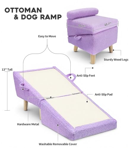 Dog Ramp for Small Dogs and Cats – 2-in-1 Dog Ramp for Couch and Low Bed, 16.5'' Foldable Wooden Pet Ramp, Sturdy Multi-Use Split Ottoman Design, Light Purple - color: Light Purple