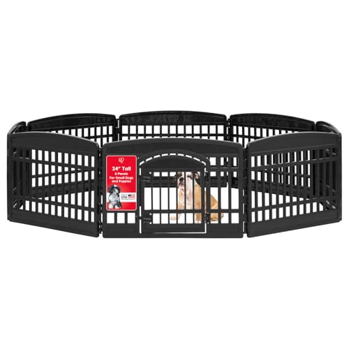 IRIS USA 24" Dog Playpen 8-Panel Pet Exercise Pen with Door Gate 83.5x83.5x24 Puppy Play Pen Indoor Outdoor Plastic Foldable Portable Pet Fence for Small Medium Dogs Puppies Multiple Pets Black - color: Black, size: 8 Panel - 24" H