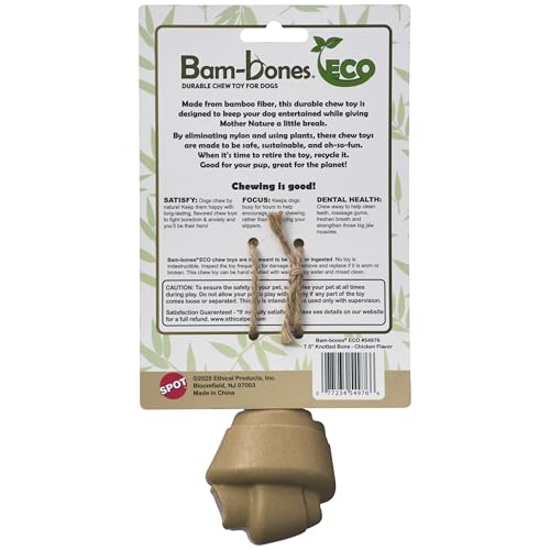 SPOT Bam-Bones Eco Knotted Bone, Chicken Flavor, Durable Plant-Based Nylon-Free Dog Chew Toy for Moderate Chewers up to 70lbs, 7.5 Inch