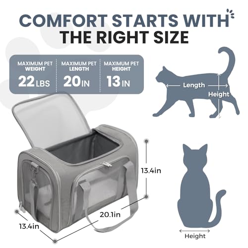 Soft-Sided Cat Carrier Expandable Pet Carrier Airline Approved Mesh Travel Carrier Up to 22lbs for Cats Small Dogs Collapsible Escape-Proof with Shoulder Strap Washable (20x13x13 Gray) - color: Gray, size: 13.4"L x 13.4"W x 20.1"H