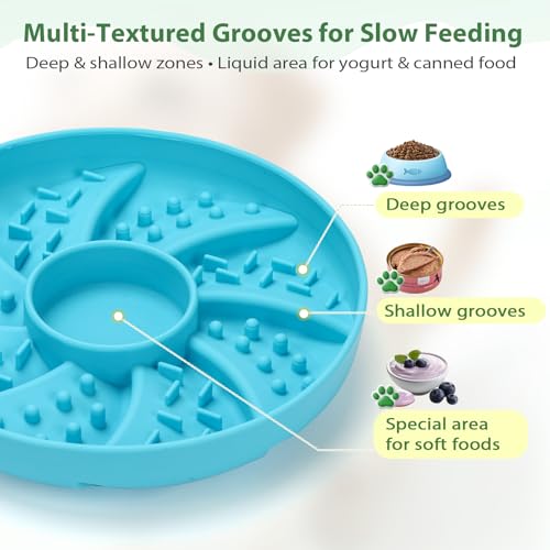 Slow Feeder Dog Bowl Silicone Suction Cup Anti Spill Dogs Cats Blue | strong suction base prevents sliding, extends mealtime, reduces anxiety, textured surface, dishwasher safe - color: Blue