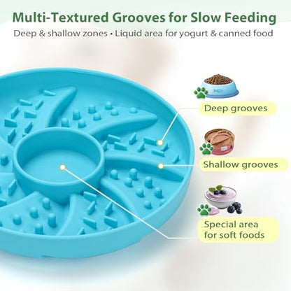 Slow Feeder Dog Bowl Silicone Suction Cup Anti Spill Dogs Cats Blue | strong suction base prevents sliding, extends mealtime, reduces anxiety, textured surface, dishwasher safe - color: Blue