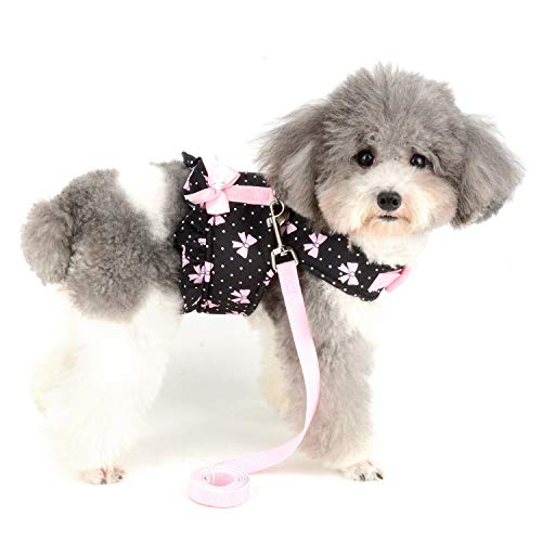 Zunea No Pull Small Dog Girl Harness Dress Escape Proof Cat Kitten Vest Harness Leash Set Step-in Soft Cotton Padded Polka Dot Jacket Chihuahua Puppy Clothes with Cute Bow for Walking Black XS - color: black bows, size: XS (Chest:12.2-13.7", Neck:8.2-9.4"