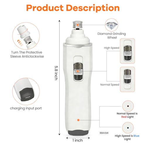 Tife Dog Nail Grinder,2 Speed Electric Rechargeable Dog Nail Trimmer,Quiet and Low-Vibration Pet Nail Grinder,Painless Dog&Cat Grooming Supplies for Large Medium Small Pets - color: White-525