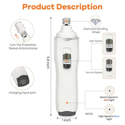 Tife Dog Nail Grinder,2 Speed Electric Rechargeable Dog Nail Trimmer,Quiet and Low-Vibration Pet Nail Grinder,Painless Dog&Cat Grooming Supplies for Large Medium Small Pets - color: White-525