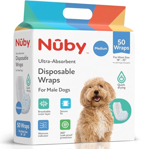 Nuby Pets Disposable Male Dog Wraps with Wetness Indicator, Absorbent & Leak-Resistant Belly Bands for Male Dogs, Medium (18–25” Waist), 50 Count - size: M Waist 18 - 25 in