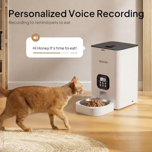 VOLUAS Automatic Cat Feeders - Pet Food Dispenser for Dry Food, Timed Cat Feeder with Desiccant Bag, Programmable Portion Size Control 4 Meals Per Day, 10s Voice Recorder | Programmable Portion Control, Up to 4 Meals Daily, Dual Power Supply, Power-Off Me