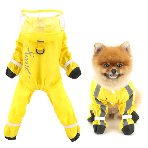 SMALLLEE_LUCKY_STORE Waterproof Raincoat for Small Dogs with Clear Hood Boots Puppy Rain Jacket with D-Ring Reflective Stripe Full Boby 4 Leg Jumpsuit Rain Coat Rain Jacket Slicker Rainwear Yellow S - color: yellow, size: S
