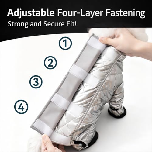 Dog Snowsuit with Attached Boots, Waterproof Insulated Quilted Full Body Suit, Reflective Outdoor Walking Snow Outfit for Small Medium Dogs Cold Weather (Silver, S) - size: S