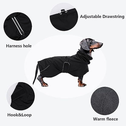 Dachshund Coats Waterproof, Perfect for Dachshunds, Sausage, Weiner Dog Winter Coat with Padded Fleece, Puppy Snowsuit with Adjustable Bands and High Vis Reflective Trim - Black - S - color: Black, size: Small