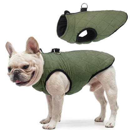 SCENEREAL Winter Dog Vest Coat with Built-in Harness, Warm Puppy Jacket for Small & Medium Dogs, Cold Weather Coat with Zipper, Fleece Puffer Vest Windproof Snow Clothes - color: #1 Olive-Matte, size: XL(Chest 21.5")-Regular