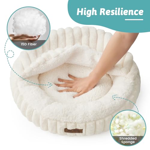 Small Dog Bed with Hooded Blanket, Round Fluffy Anti-Anxiety Pet Bed for Small Dogs & Medium Dogs, Cozy Donut Cuddler with Machine Washable Faux Fur & Anti-Slip Bottom(26"×26"×7",Cream) - color: Cream, size: 26"×26"×7"