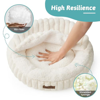 Cat Bed with Hooded Blanket, Round Fluffy Anti-Anxiety Pet Bed for Cats/Small Dogs, Cozy Donut Cuddler with Machine Washable Faux Fur & Anti-Slip Bottom(23"×23"×6",Cream) - color: Cream, size: 23"×23"×6"