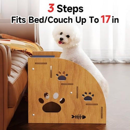 Pet Steps for Small Dogs,Wooden Cat Stairs for Old Cats,Doggy Dog Steps for Bed Couch Sofa Windows,3-Step Ladder, 16" L x 12" W x 14" H，Suitable for Height 14-17in