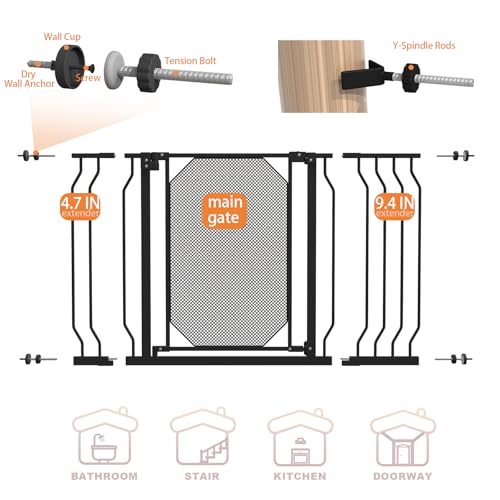 30-47.6" Baby Gate for Stairs & Doorways,Auto Close Extra Wide Dog Gate for House, Pressure-Mounted Safety Gate,with 180°Swing & Dual Lock, with Large Walk Thru Door, for Toddlers and Pets,Black