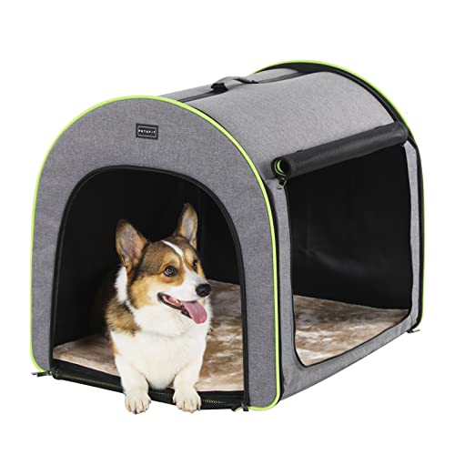 PETSFIT Foldable Dog Crate, Dog Travel Crate - 30 Inch Lightweight, Roomy, Easy to Set Up, Portable Pop Up Dog Carrier with Thick Mat, Sturdy Portable Dog Crate, Gray