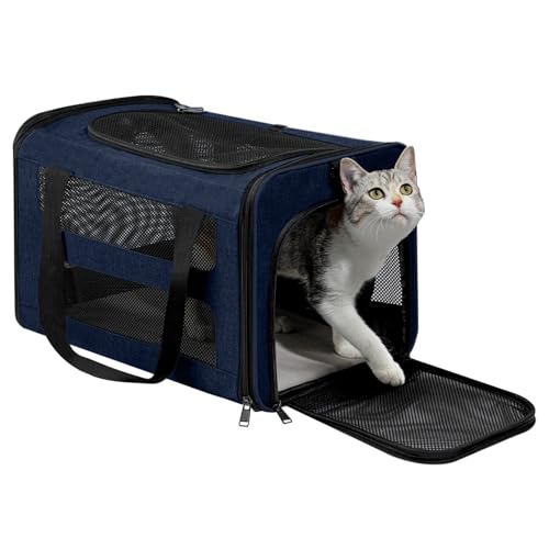 Cat Carrier Soft-Sided Travel Bag for Medium to Large Cats Over 15lbs, Small Dog Carrier Crate Top Entry Breathable Mesh Puppy 12 Pounds, Pet Rabbit Carrying Cage Kennel Collapsible Navy - color: Navy