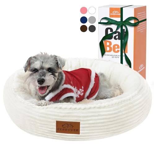 Zerbuger 23in Cream Round Cat Dog Bed Gift for Large Medium Small Dogs Cats, Machine Washable Sleeping Sofa, Non-Slip Bottom Breathable Soft Calming Pet Cuddler for Indoor/Outdoor/Car/Cage - color: Cream, size: Medium