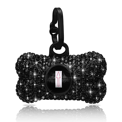 SAVORI Dog Poop Bag Holder Bling Crystal Dog Waste Bags Dispenser for Pet Dog Doggy with Carabiner Clip Includes 1 Roll 15 Bags (Black) - color: Black
