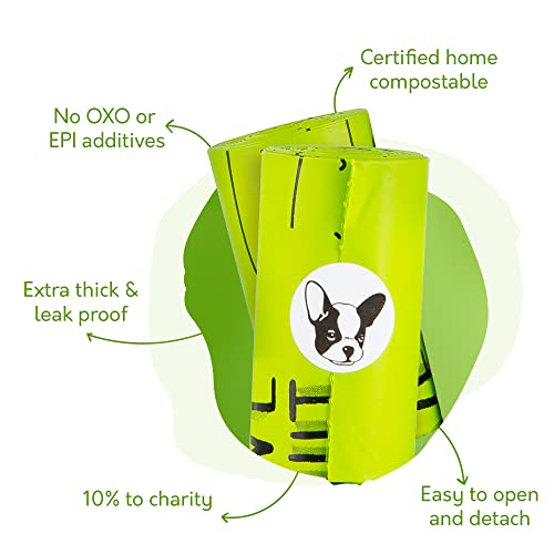 100% Certified Home Compostable Dog Poop Bags - 10% to Charity - ASTM D6400 & EN 13432 Compliant - 120 x Plant Based Compostable Poop Bags (8 Rolls) - size: 1 Count (Pack of 120)