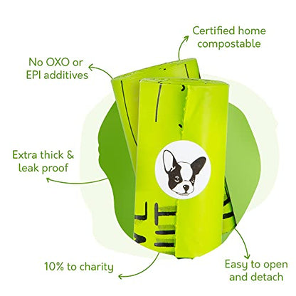 100% Certified Home Compostable Dog Poop Bags - 10% to Charity - ASTM D6400 & EN 13432 Compliant - 120 x Plant Based Compostable Poop Bags (8 Rolls) - size: 1 Count (Pack of 120)