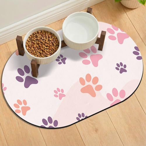 Cat Food Mat 24''x16'', Absorbent Cat Mats for Food and Water, Non-Slip Rubber Mat for Cats Bowls, Easy Store Pet Food Placemat, Mats for Under Cats Food Bowls, Fit with Kitchen, Living Room, Pink Paw - color: Pink Paw, size: 24''x16''