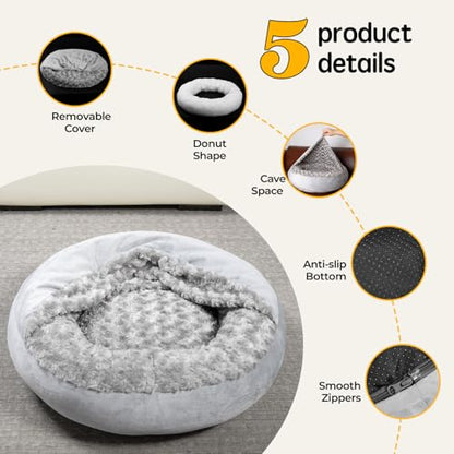 Cave Dog Bed with Blanket Easy to Assemble Donut Round Plush Cozy Cat Pet Bed for Puppy Machine Washable Removable Cover Cat Anti-Slip Bottom Gray 26X26X8 inch