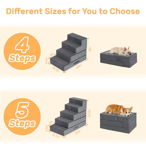 Dog Stairs for Small Dogs, 22.5" H Foldable Dog Steps for High Bed | 2 in 1 Pet Stairs Get on Couch, Transformable Cats Stairs, Non-Slip Balanced, Grey - size: 15.7 X 30 X 22.5 In