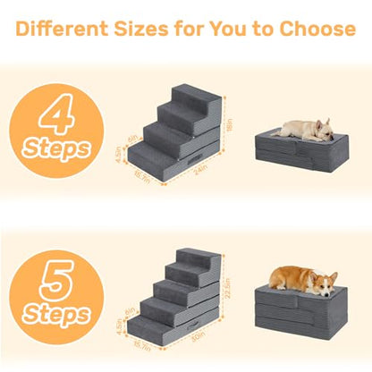Dog Stairs for Small Dogs, 22.5" H Foldable Dog Steps for High Bed | 2 in 1 Pet Stairs Get on Couch, Transformable Cats Stairs, Non-Slip Balanced, Grey - size: 15.7 X 30 X 22.5 In