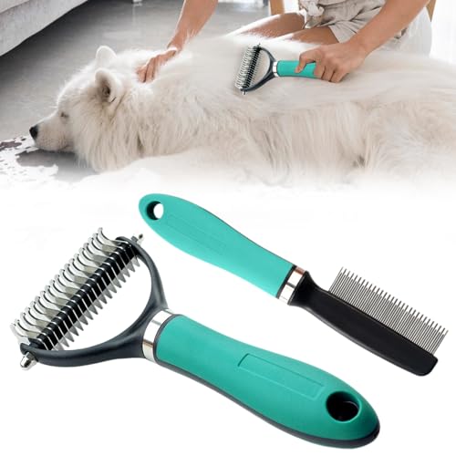 Double Sided Dematting Comb, 2026Undercoat Rake Deshedding Grooming Tool, Pet Hair Detangler Brush for Removing Tangles Knots and Loose Fur, Grooming Comb for Long Thick Coats (1, Green Set) - color: Green Set