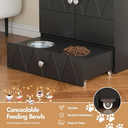 Pet Feeding Station with Storage, Raised Dog Bowls, Pet Feeder Cabinet, with Adjustable Shelves, Rolling Drawer, Hooks, for Feeding & Watering Supplies (Black) - color: Black