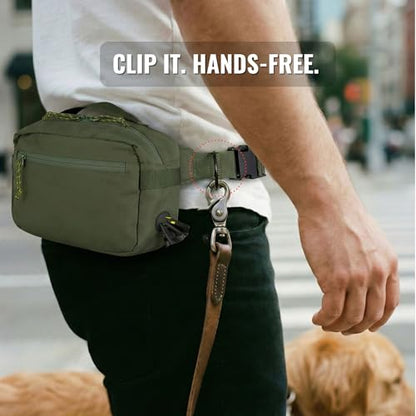 Dog Walking Bag, Treat Pouch & Poop Bag Holder, Crossbody Bag, Olive Green | Crossbody dog walking bag, hands-free. PEVA-lined treat pouch, poop bag holder, leash hook. Water-resistant, 4-50 in. strap - color: Olive Green