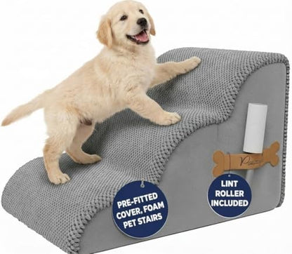 PAWZY Dog Stairs for Medium-Height Beds & Couches, 3-Step Foam Pet Steps 15.5” High for Small Dogs & Cats up to 60 lbs, Wide Non-Slip, Waterproof Washable Zipper Cover, No Assembly, Grey - size: 3 Step