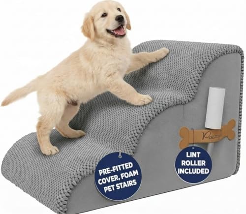PAWZY Dog Stairs for Medium-Height Beds & Couches, 3-Step Foam Pet Steps 15.5” High for Small Dogs & Cats up to 60 lbs, Wide Non-Slip, Waterproof Washable Zipper Cover, No Assembly, Grey - size: 3 Step