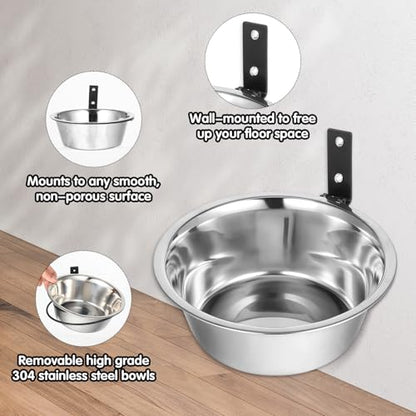 2 Pcs Wall Mounted Dog Bowl, Wall Mounted Pet Feeding Bowls, Elevated Pets Bowls, Adjustable Heights Hanging Stainless Steel Dog Food and Water Bowl with Foldable Stand Holder