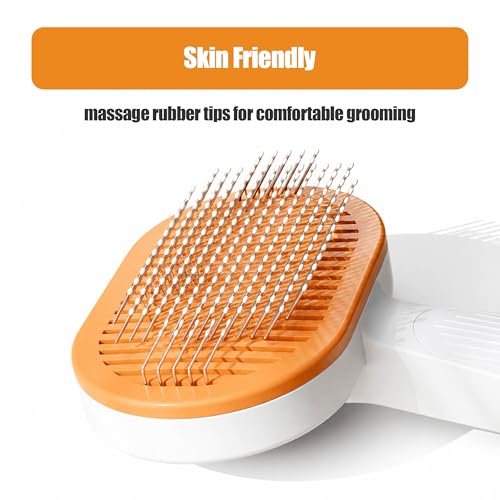Self-Cleaning Pet Hair Brush & Fine-Tooth Comb | One-Button Fur Removal Tool | Rounded Stainless Steel Pins, Gentle on Skin | for Dogs & Cats, Long & Short Hair | Home Grooming Kit (orange)