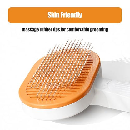 Self-Cleaning Pet Hair Brush & Fine-Tooth Comb | One-Button Fur Removal Tool | Rounded Stainless Steel Pins, Gentle on Skin | for Dogs & Cats, Long & Short Hair | Home Grooming Kit (orange)