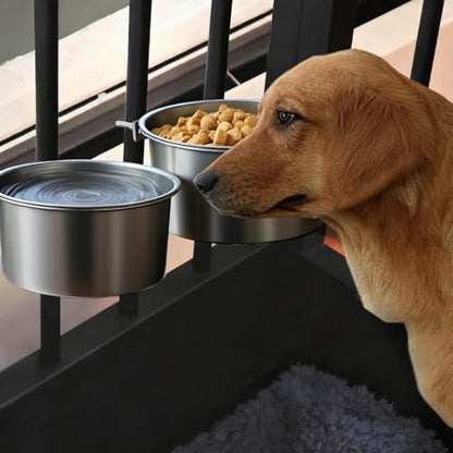 2 Pack Dog Crate Water Bowl Hanging Kennel Water Bowls No Spill Stainless Steel Dog Food Bowls Kennel Bowl Mountable Coop Cup for Large Medium Dogs (7.1” & 7.9”)