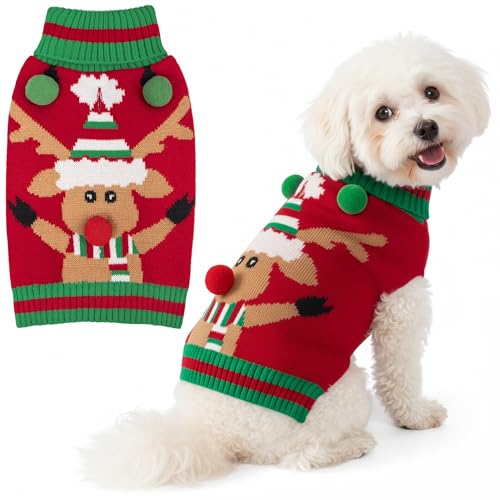 KYEESE Dog Christmas Sweater with Reindeer Pattern, Cozy Winter Outfit, Dog Sweater for Small Dogs Boy Girl, Winter Doggie Knitwear with Leash Hole, Soft Warm Pet Clothes, Small - color: 3# Santa hat reindeer, size: Small (4-7lbs)