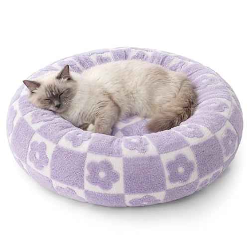 Lesure Shown on TV Donut Cat Bed for Indoor Cats - Small Round Dog Bed for Calming Pet as Gift with Washable Cover, Cute Puppy Bed with Jacquard Shaggy Plush & Anti Slip Bottom, 20 Inch, Flower Checks - color: Flower Checks, size: 20.0"L x 20.0"W x 6.0"Th