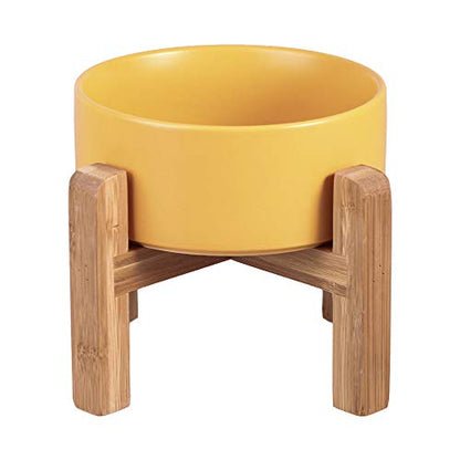 Ceramic Elevated Raised Cat Bowl with Wood Stand No Spill Pet Food Water Feeder Cats Small Dogs - color: Yellow, size: Medium